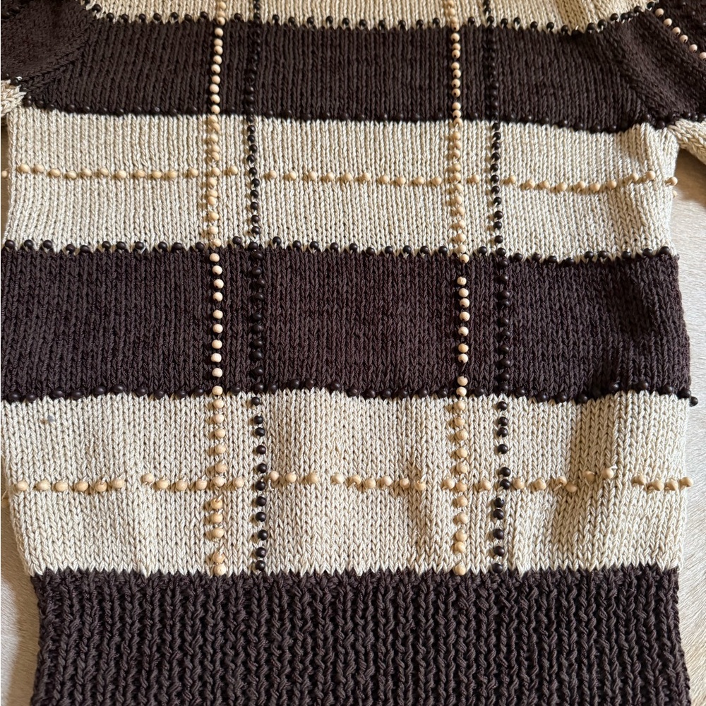 Chocolate Brown and Cream Striped Sweater w tiny wooden beads- Vintage Nannell - Picture 6 of 15